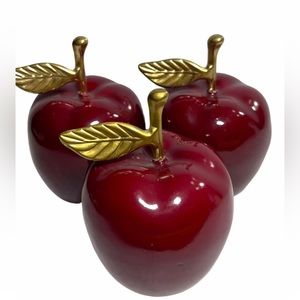 life size red glossy faux apples with brass stem and leaf lot of 3
